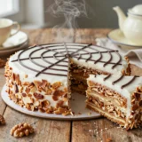 Eszterházy torta diós lapokkal, selymes vajkrémmel – tálalva, házias elkészítésben
