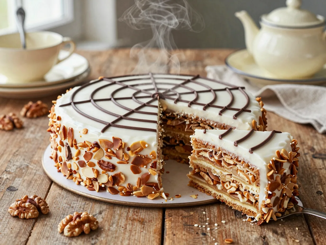 Eszterházy torta diós lapokkal, selymes vajkrémmel