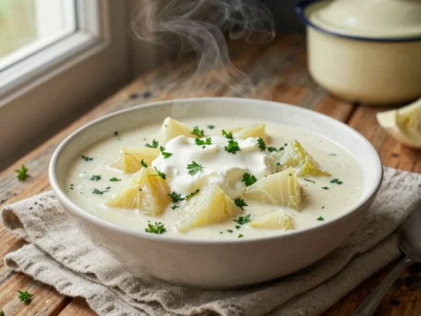 Karalábéfőzelék zsenge karalábéból, tejfölös habarással