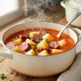 Magyaros krumplileves kolbásszal, egy fazékban, olcsón – tálalva, házias elkészítésben