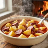 Paprikás krumpli bográcsban, füstös kolbászos ízzel – tálalva, házias elkészítésben