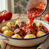 Paradicsommártás friss paradicsomból, húsgombóchoz – tálalva, házias elkészítésben