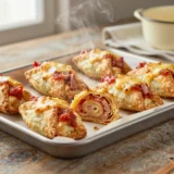 Pizza tekercs leveles tésztából, tízóraira 25 perc alatt – tálalva, házias elkészítésben