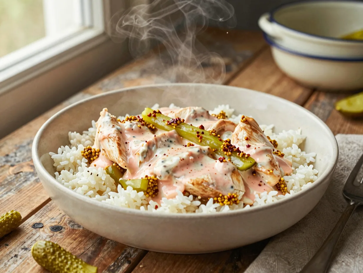 Stroganoff csirkemell savanyú uborkás, tejfölös mártásban