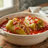 Töltött paprika paradicsomos lében, ahogy régen készült – tálalva, házias elkészítésben