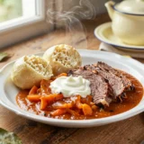Vadas mártás zsemlegombóccal, nagymamám vasárnapi receptje – tálalva, házias elkészítésben