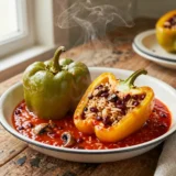 Vega töltött paprika gombás rizzsel, igazi ebédfogás – tálalva, házias elkészítésben