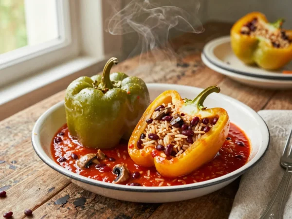 Vega töltött paprika gombás rizzsel, igazi ebédfogás