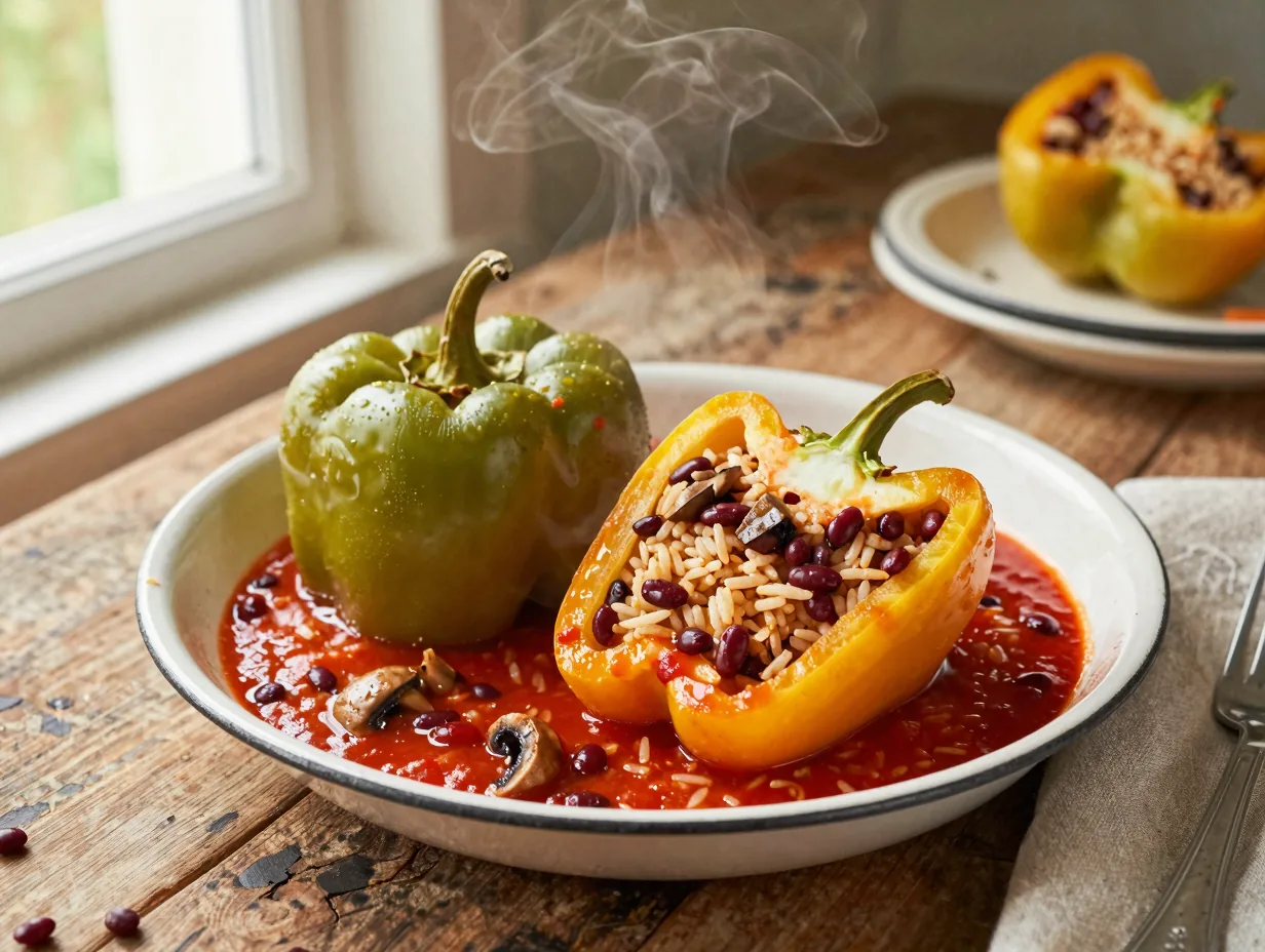 Vega töltött paprika gombás rizzsel, igazi ebédfogás
